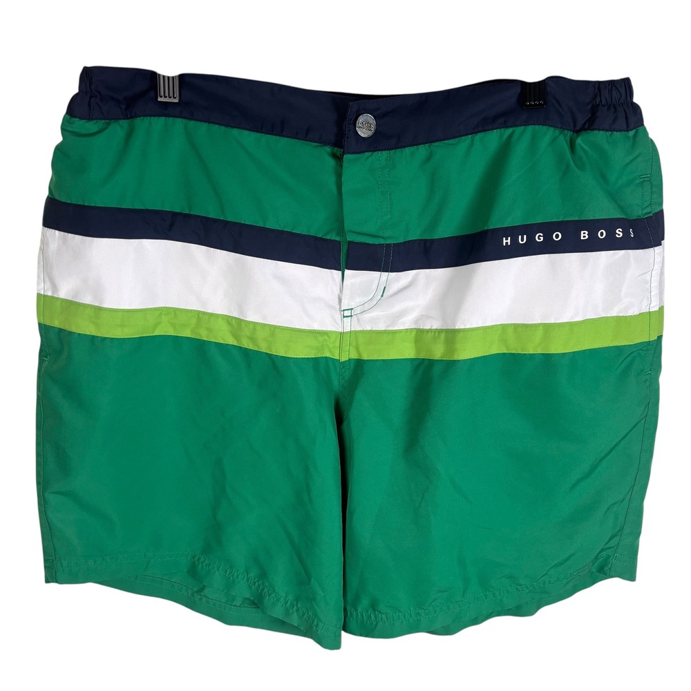 Hugo Boss Mens Green Striped Swim Trunks Board Shorts Mesh Lined Large